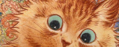 a cropped image of 'ginger' cat by louis wain, depicting an orange cat with wide eyes staring at some place away from the camera.